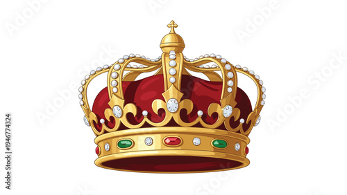 Exquisite golden royal crown adorned with colorful emeralds and rubies sits on a red velvet base against a simple white background.