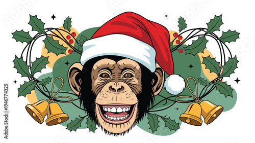 Smiling chimpanzee face wearing a festive red santa claus hat is framed by Christmas holly leaves, red berries, and golden holiday bells.