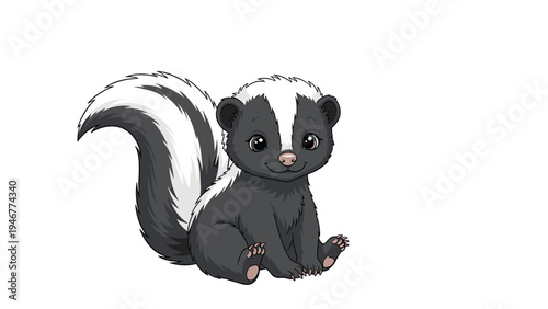 Adorable baby skunk sits calmly with its fluffy black and white fur and large expressive eyes in a cute character illustration for kids.