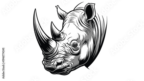 Detailed black and white rhinoceros head sketch highlights the powerful features and thick skin of this majestic endangered African wildlife species.