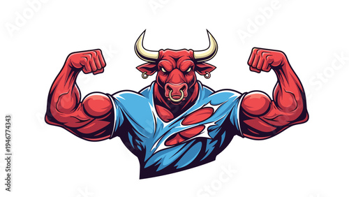 Muscular red bull bodybuilder wearing a torn blue shirt and nose ring flexes its powerful arms to display a peak physical fitness and strength.