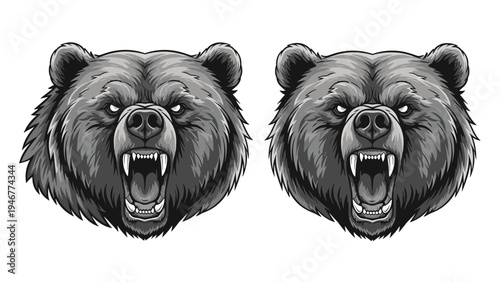 Two identical roaring grizzly bear head illustrations shown in grayscale capture the fierce and aggressive nature of this powerful forest predator.