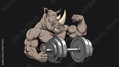 Powerful rhinoceros bodybuilder lifts a massive heavy dumbbell on a dark background showing intense physical training and incredible animal muscle.
