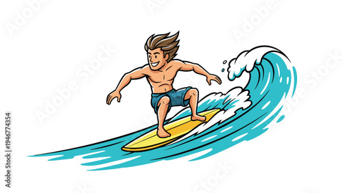Happy surfer with windblown hair balances on a bright yellow surfboard while riding a large blue ocean wave under the warm summer sunlight.