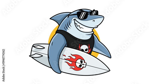 Cool blue shark wearing sunglasses and a skull t-shirt holds a surfboard with a flaming skull design in a fun summer surfing theme illustration.