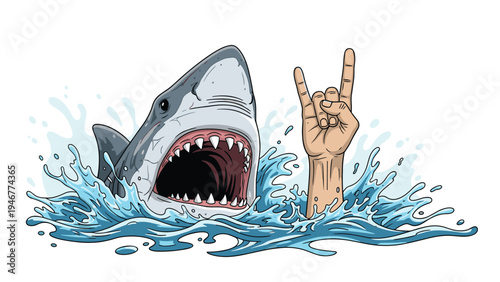 Aggressive great white shark with a wide open mouth full of sharp teeth emerges from splashing water next to a hand making a rock and roll sign.
