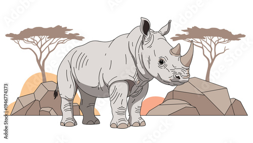 Majestic rhinoceros stands firmly in a savanna landscape surrounded by flat top trees and rocks under a clear sky in this nature illustration.