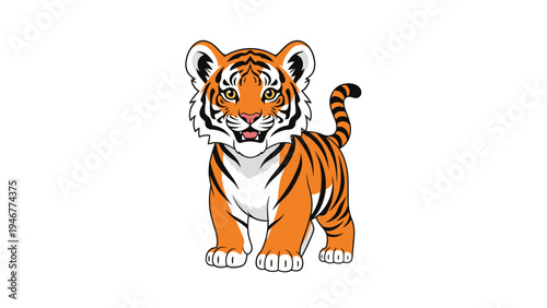 Cute baby tiger cub with bright orange fur and black stripes stands curiously in a simple animal character illustration for kids and nurseries.