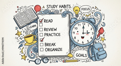 Study habits checklist with alarm clock and school supplies.