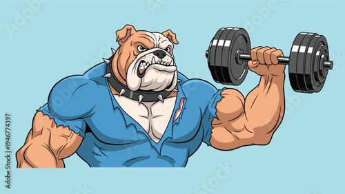 Tough bulldog bodybuilder with a spiked collar lifts a heavy dumbbell to show off massive arm muscles and a fierce determined expression on blue.