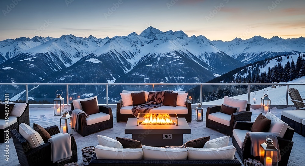 Obraz premium Outdoor lounge with fire pit, seating, blankets, candles, & snowy mountain views at dusk