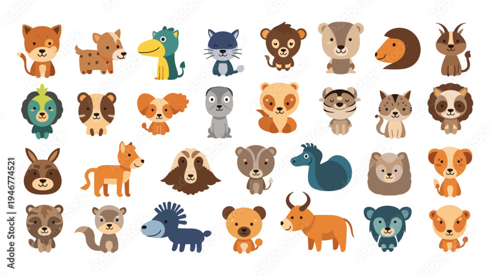 Fototapeta premium Extensive set of small cute cartoon animal faces and characters in various colors and styles arranged in a grid on white.