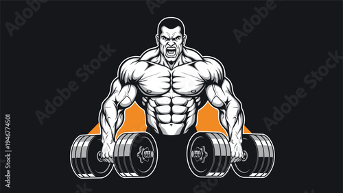 Powerful bodybuilder lifts heavy dumbbells against a dark background with an orange accent showing off his massive muscular physique.