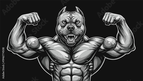 Strong pitbull mascot with huge muscles and sharp teeth flexes its bicep against a black background in a detailed monochrome style.