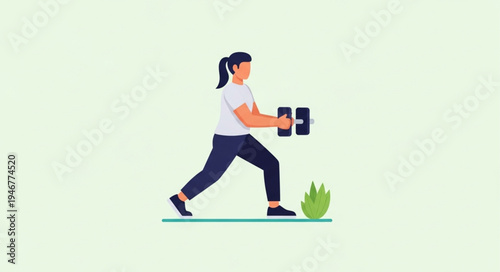 Woman exercising with dumbbells doing lunges for fitness.