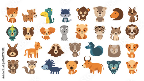 Extensive set of small cute cartoon animal faces and characters in various colors and styles arranged in a grid on white.