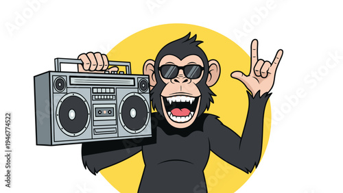 Cool chimpanzee wearing sunglasses carries a large boombox on his shoulder while making a rock and roll hand sign against yellow.