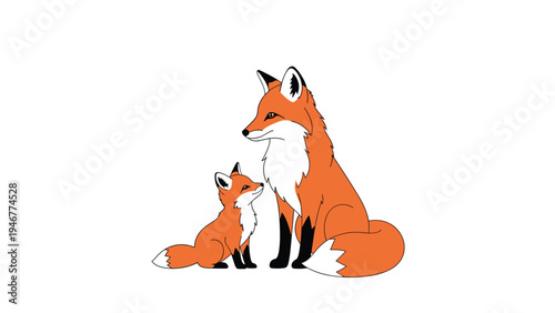 Beautiful illustration of a mother red fox standing with her small cub as they look at each other with affection on white background.