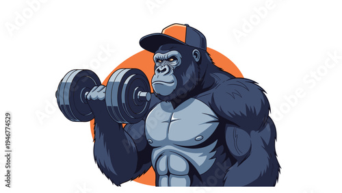Muscular gorilla bodybuilder wearing a baseball cap performs a bicep curl with a heavy dumbbell against a circular orange backdrop.