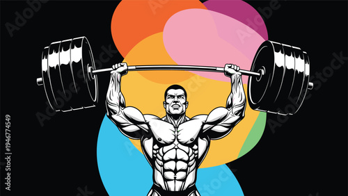 Powerful bodybuilder performs a heavy overhead barbell press against a black background with colorful abstract shapes for energy.