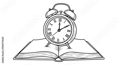 Alarm clock resting on an open book illustration.
