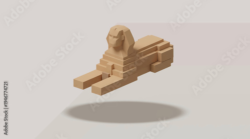 A 3D pixelated model of the Great Sphinx of Giza rendered in a light brown hue, floating against a subtle gradient background with a soft shadow