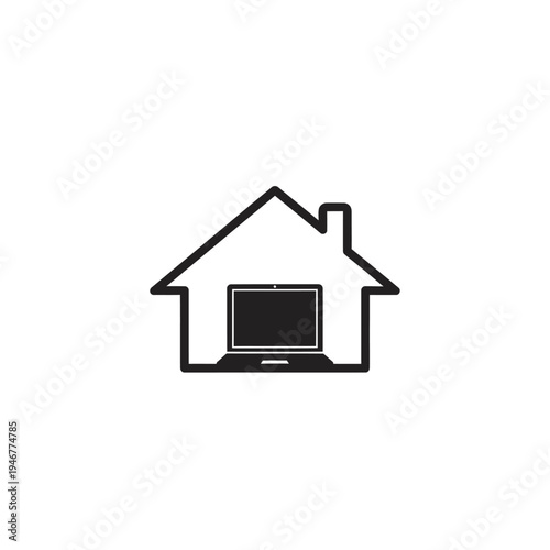House Outline with Laptop Inside Representing Home Office or Remote Work Concept, Isolated White Background