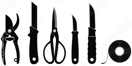 Garden tools set with pruning shears, scissors, knives, and tape on a white background.