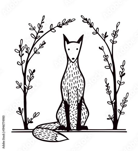 Vector card with hand drawn sweet red fox sitting in a graceful floral arch. Beautiful vintage design elements, ink drawing. Heavy graphic, linocut style