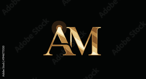 Golden letters AM closeup logo.