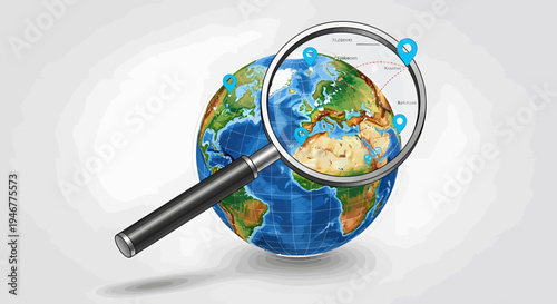 Magnifying glass over the Earth globe.