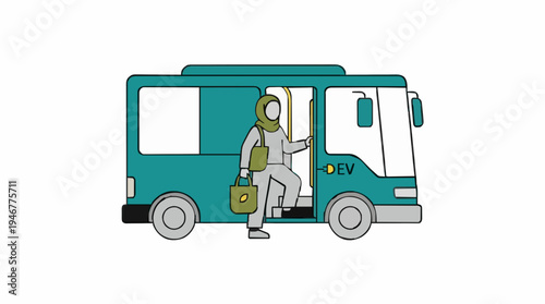 Person wearing a hijab and carrying a bag boards a teal and white bus on a clear day