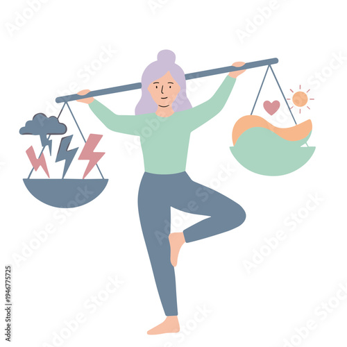 Woman balances stormy weather and peaceful emotions on scales while standing