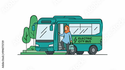 Woman Wearing Blue Tunic and Hijab Boards Teal Electric City Bus with Green Stripe and Leafy Trees in Background