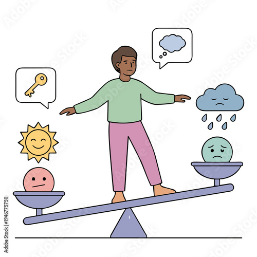 A man balances emotions on a seesaw with sunny and rainy thoughts.