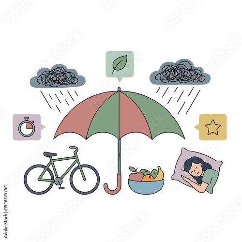 Woman sleeps peacefully under umbrella protection from rain with bicycle and healthy snack nearby.