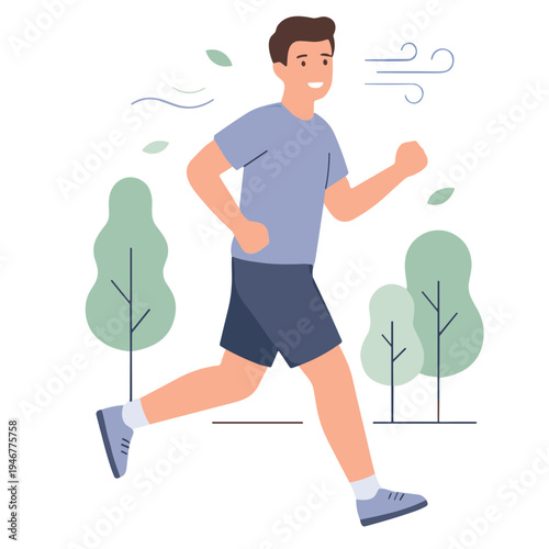 Man jogging quickly through park with trees and leaves blowing in the wind