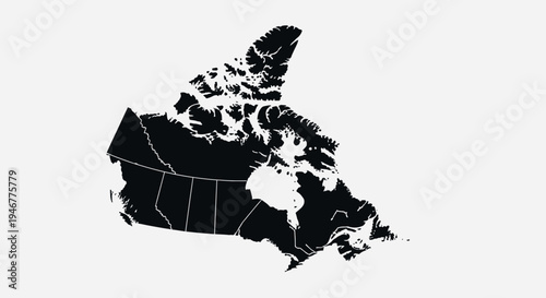 Black Silhouette Map of Canada with Provinces and Territories Outlined