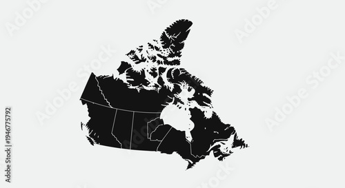 Black Silhouette Map of Canada with Provincial Borders on White Background
