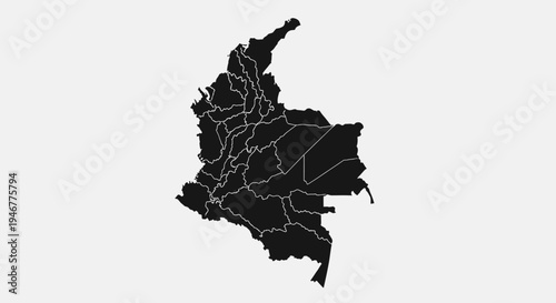 Black Silhouette Map of Colombia with Internal Borders on Grey Background