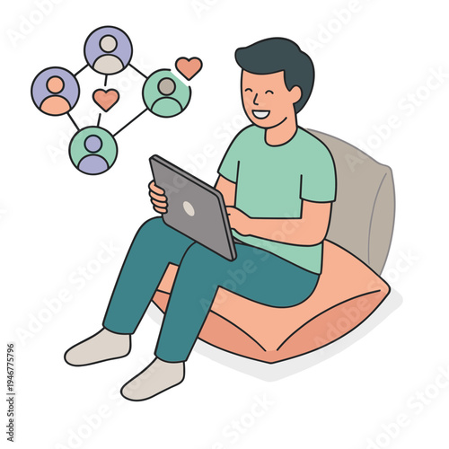 Man sitting on bean bag using laptop with social network connections
