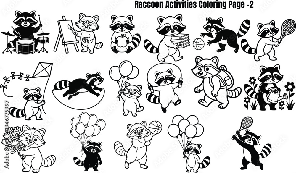 Obraz premium Raccoons engaging in various leisure activities coloring page