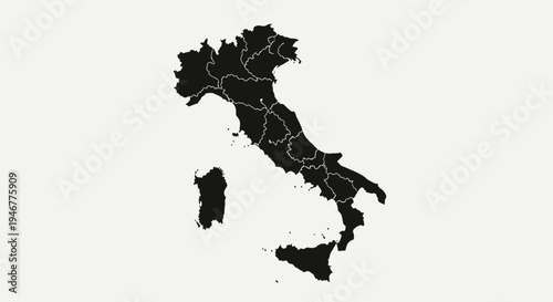 Black Silhouette Map of Italy with Regions and Islands