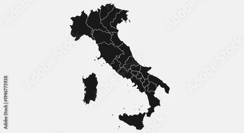 Black Silhouette Map of Italy with Regions on White Background