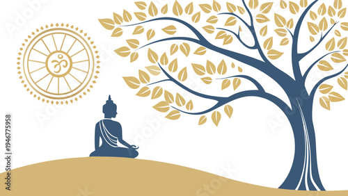Meditating person under large tree with golden leaves and sun symbol representing mindfulness peace balance and spiritual growth in minimalist vector illustration