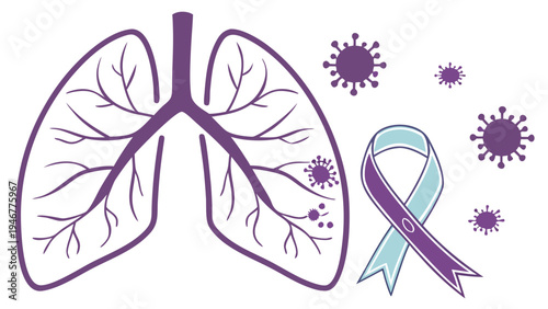 Human lungs with cancer awareness ribbon and virus symbols representing lung disease research healthcare awareness and respiratory health in minimalist medical illustration