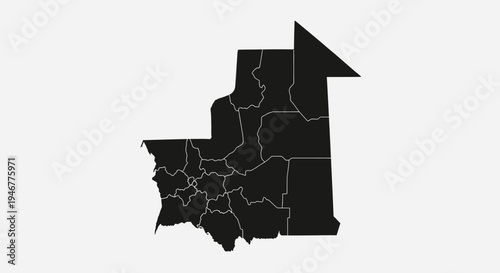 Black Silhouette Map of Mauritania with Regions on White Background