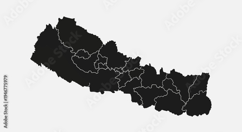 Black Silhouette Map of Nepal with Internal Borders on White Background