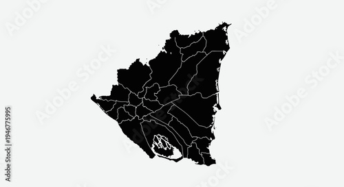 Black Silhouette Map of Nicaragua with Internal Divisions on White Background