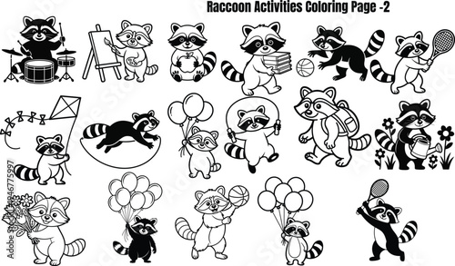 Raccoons engaging in various leisure activities coloring page
